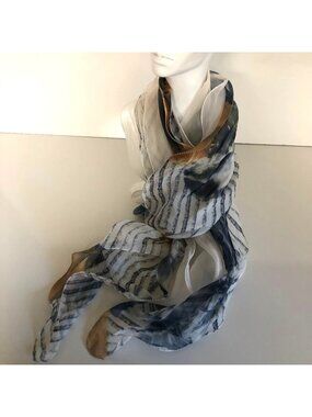 Dual White Sheer Lightweight Scarf with Blue Beige Abstract Pattern 10x92 inch